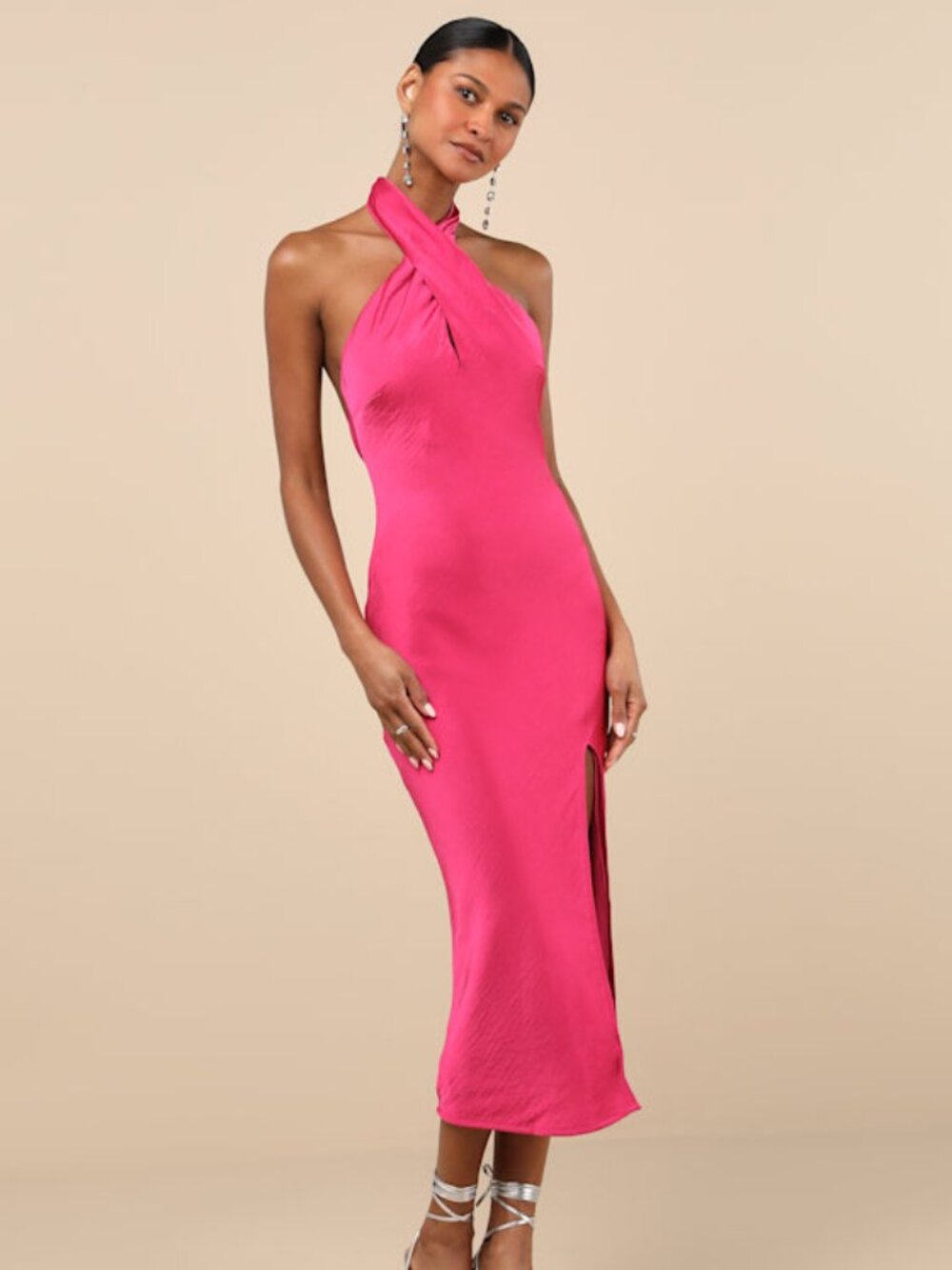 Lulus Beyond Classy Hot Pink Satin Halter Midi Dress - Size S
